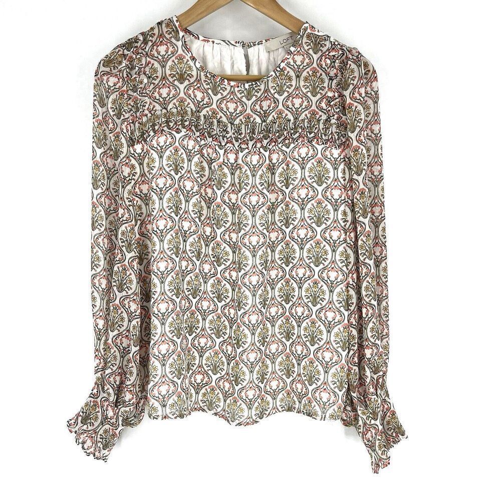 Loft Top Size Small White Tuilerie Floral Print Long Sleeve Ruffle Pleated Shirt